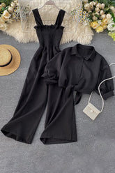 Sleeveless Strap Romper Jumpsuit Buttons Short Sleeve Shirt Tops Set Two-Piece