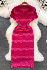 Wave Stripe V-Neck Short Sleeve Maxi Dress