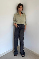 High Waist Buckle Detail Straight Leg Jeans