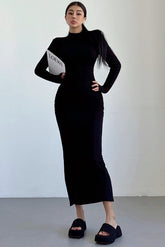 High Neck Long Sleeve Ruffle Split Maxi Dress