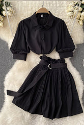 Short Sleeve Shirt Tops Pleated Skirt Set Two-Piece