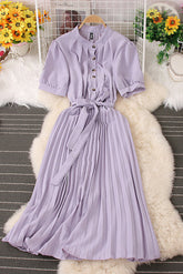 Lapel Buttons Short Sleeve Pleated Maxi Dress