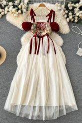 Retro Strap Embroidery Gauze Maxi Dress