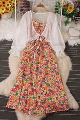 Floral Backless Strap Maxi Dress Chiffon Cardigan Top Set Two-Piece