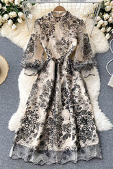 Embroidery Gauze Long Sleeve Maxi Dress