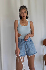 Ripped Raw Trim Workout Denim Shorts