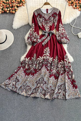 Retro Lace Round Neck Strappy Long Sleeve Maxi Dress