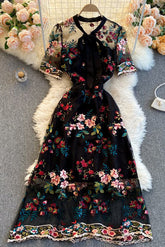 Embroidery Bow Short Sleeve Lace Maxi Dress