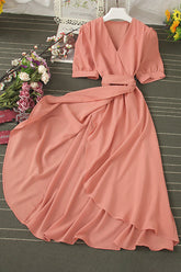 V-Neck Short Sleeve Strappy Irregular Dress