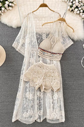 Beach Embroidery Vest Tank Top Shorts Long Cardigan Three-Piece