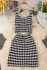 Plaid Strap Cami Crop Vest Tank Tops Skirt Set Two-Piece