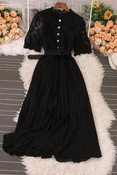 Retro Lace Hollow Short Sleeve Pleated Maxi Dress