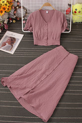 Short Sleeve Buttons Crop Tops Skirt Set Two-Piece
