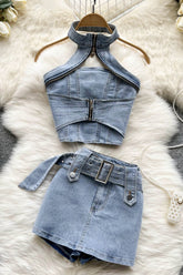 Retro Denim Hollow Halter Vest Tank Top Skirt Set Two-Piece