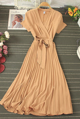 V-Neck Short Sleeve Strappy Pleated Maxi Dress