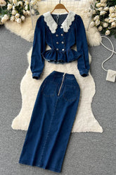 Lace Neck Buttons Long Sleeve Jeans Top Jeans Skirt Set Two-Piece