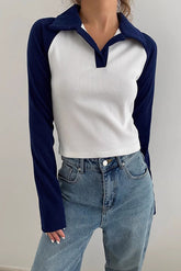 Contrast Lapel Neck Sweatshirt Tops Shirt