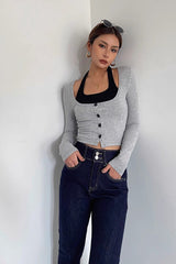 Long Sleeve Fake Two Tank Tops Fitted Basic Cami Tee Shirts