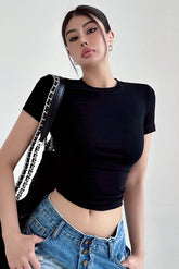 Scoop Neck Short Sleeve Tight Crop Shirt Top Tee