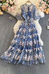 Gauze Embroidery Flower Lace Maxi Dress