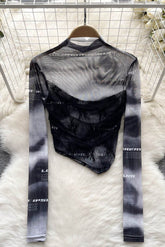 Gauze Gradient Color Letter Long Sleeve Irregular Top Tee