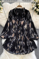 V-Neck Print Long Sleeve Buttons Mini Dress