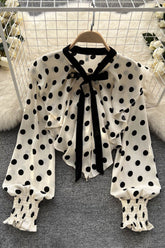 Lace Long Sleeve Polka Dots Print Tops
