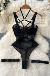 Halter Strap Push-Up Hollow Gauze Bodysuit