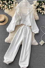 Casual Sport Hooded Zip Coat Strap Cami Crop Vest Tank Top Pants Trousers Sweatpants Set Three-Piece