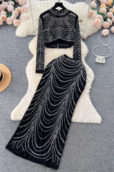 Long Sleeve Crop Top Skirt Set Two-Piece
