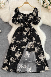 Retro Floral Square Neck Short Sleeve Backless Maxi Dress