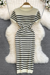 Casual Stripe Crochet Short Sleeve Maxi Dress