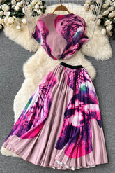 Print Knit Tops Ruffle Skirt Set Two-Piece