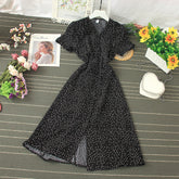 Polka Dots Short Sleeve Buttons Maxi Dress