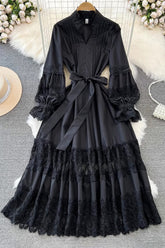 V-Neck Lace Hollow Long Sleeve Strappy Maxi Dress