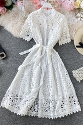 Lace Hollow Short Sleeve Strappy Maxi Dress