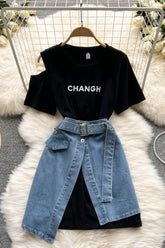 Off Shoulder Letter Short Sleeve Top Irregular Denim Skirt Set Two-Piece