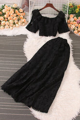 Lace Hollow Short Sleeve Crop Top Skirt Set Two-Piece
