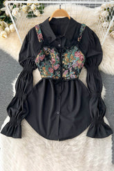 Floral Strap Cami Crop Vest Tank Long Sleeve Shirt Top Set Two-Piece