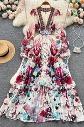 Chiffon Print V-Neck Long Sleeve Dress