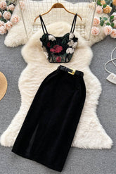 Gauze Lace Strap Cami Crop Vest Tank Top Skirt Set Two-Piece