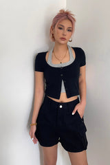 Contrast Buttoned Front Fake Two Tops Shirt