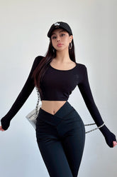 Embroidery Long Sleeve Crop Tops