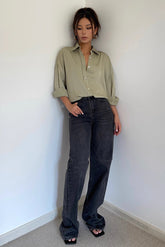 High Waist Buckle Detail Straight Leg Jeans
