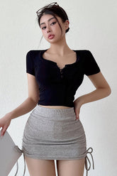 Scoop Neck Buttons Tight Short Sleeve Tops