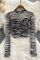 Gauze Ruffle Long Sleeve Crop Tops