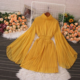 High Neck Long Sleeve Pleated Mini Dress