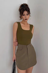 Buttoned Front Asymmetrical Hem Belted Skirt
