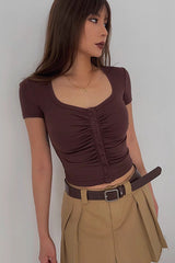 Solid Pleated Crossover Cut Out Tops