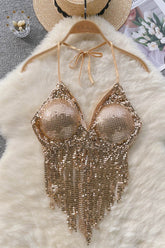 Sequin Strap Strappy Halter Tassel Cami Crop Vest Tank Tops